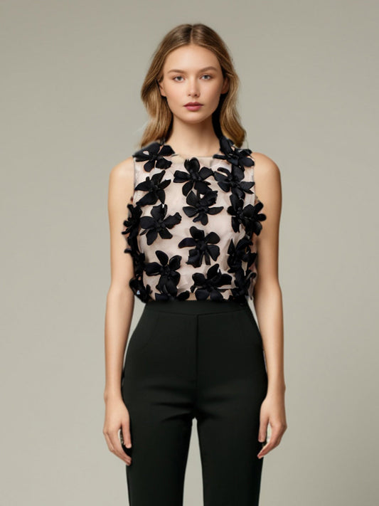 Black 3D Floral Appliqué Sleeveless Top - SISPELL