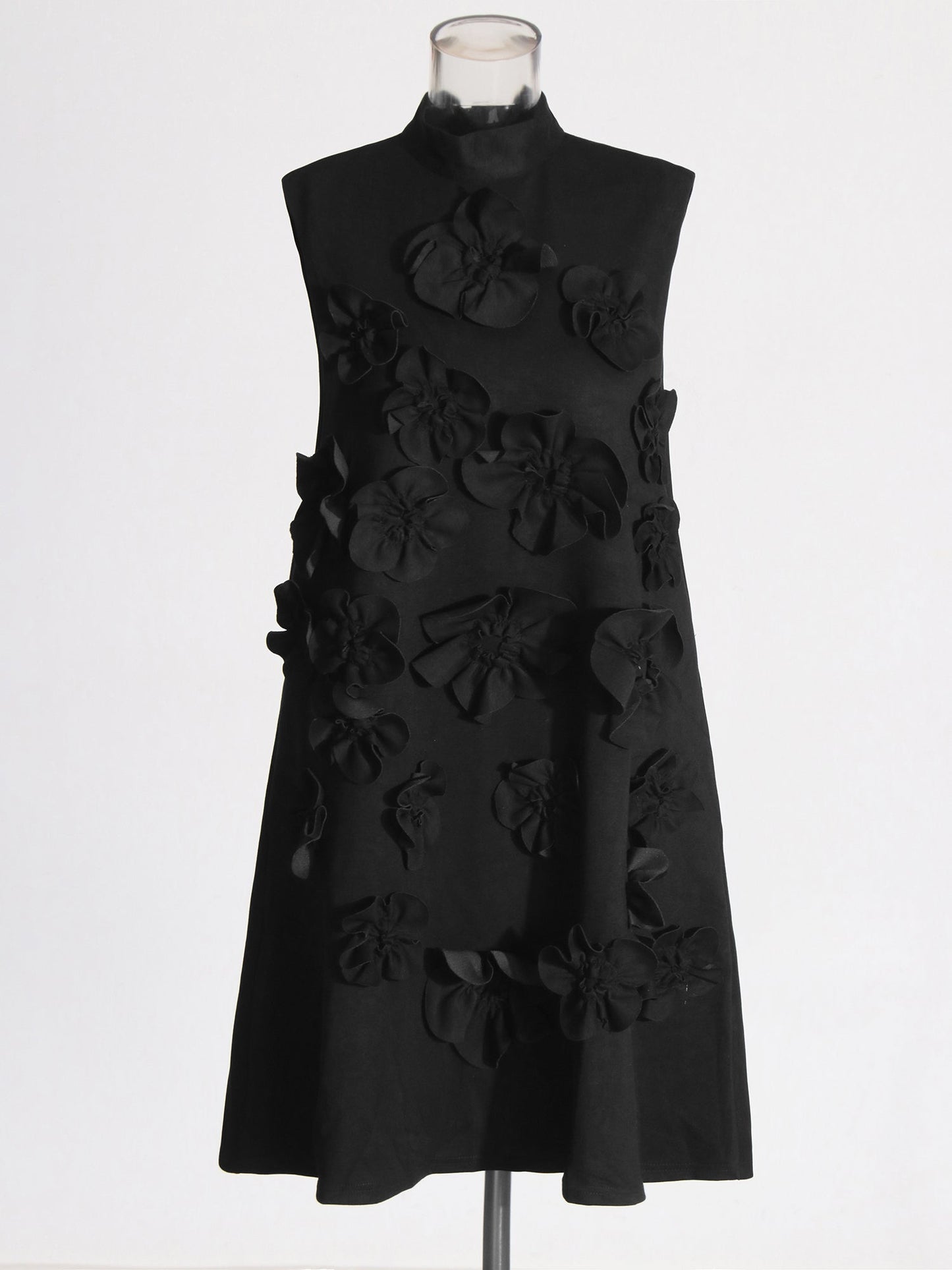 Black 3D Floral High Neck Midi Dress - SISPELL