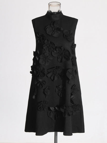 Black 3D Floral High Neck Midi Dress - SISPELL