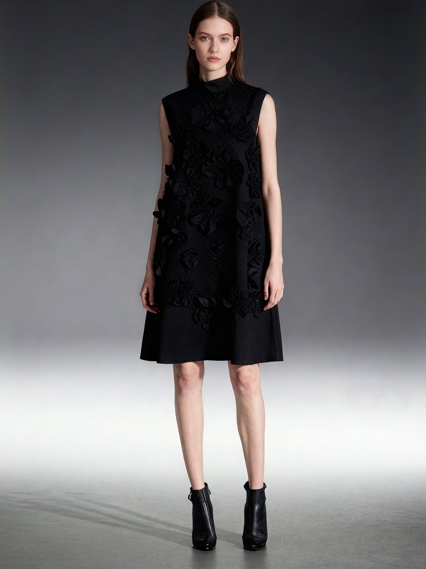 Black 3D Floral High Neck Midi Dress - SISPELL