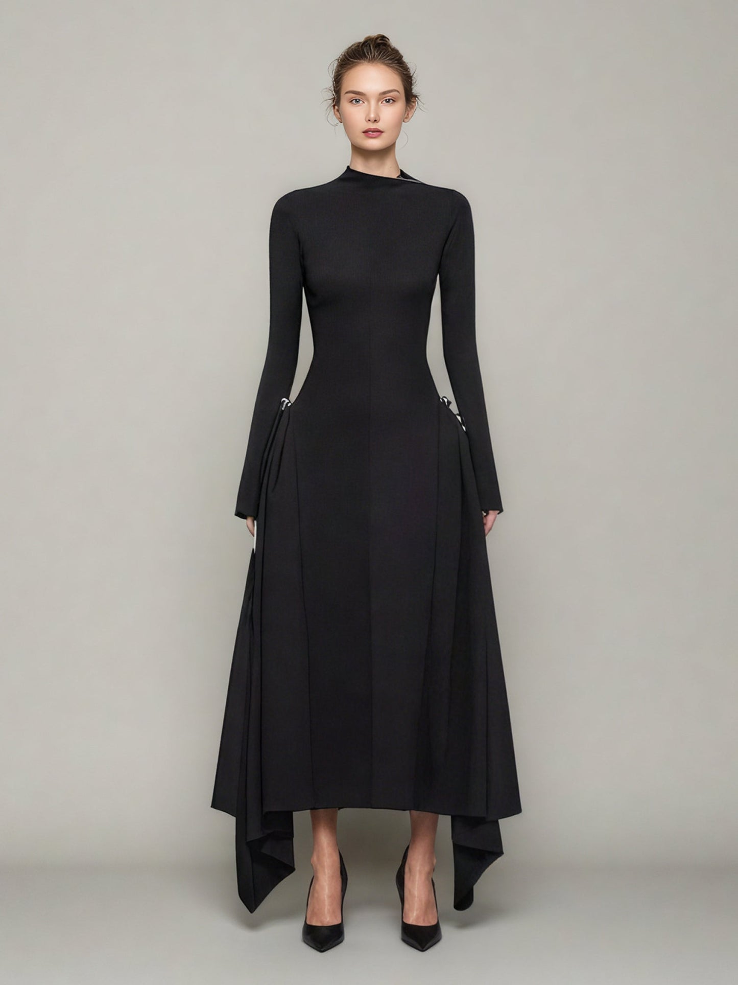 Black Asymmetric Hem Dress with Side Ring Details - SISPELL