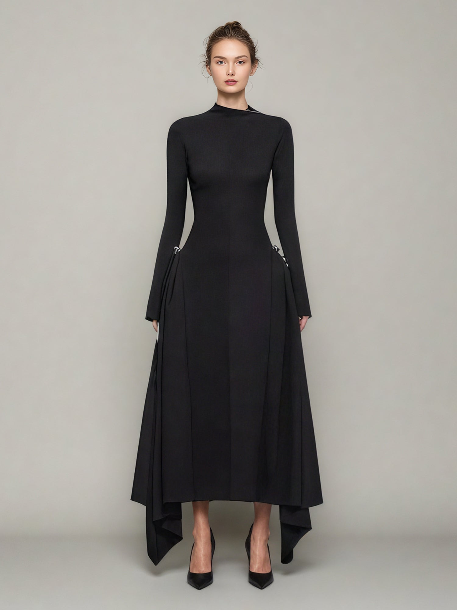 Black Asymmetric Hem Dress with Side Ring Details - SISPELL