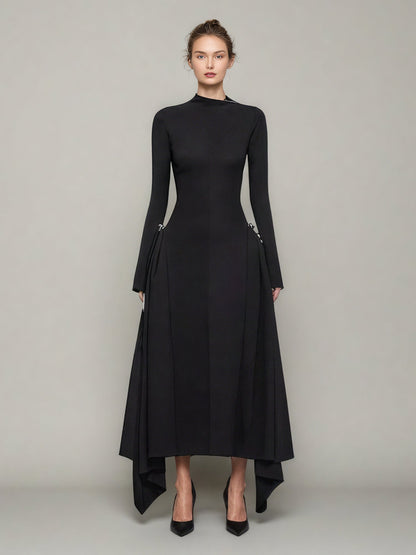 Black Asymmetric Hem Dress with Side Ring Details - SISPELL