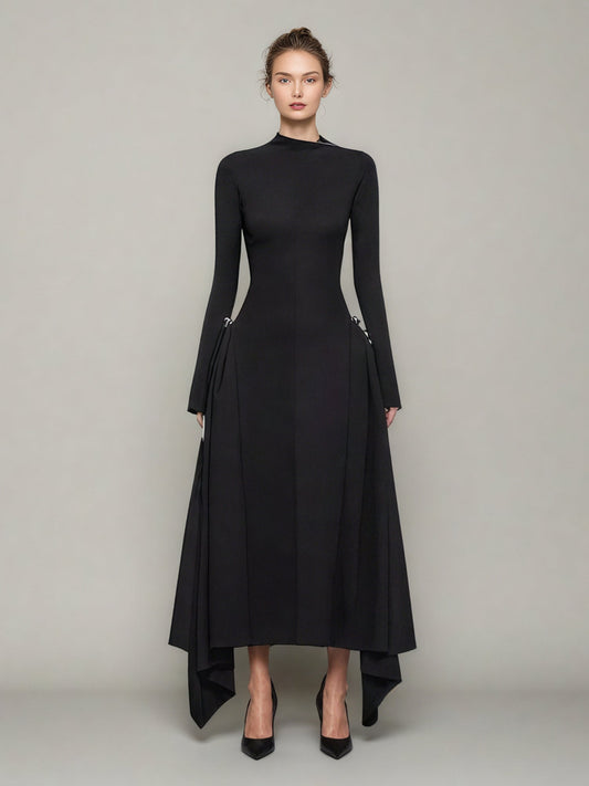 Black Asymmetric Hem Dress with Side Ring Details - SISPELL