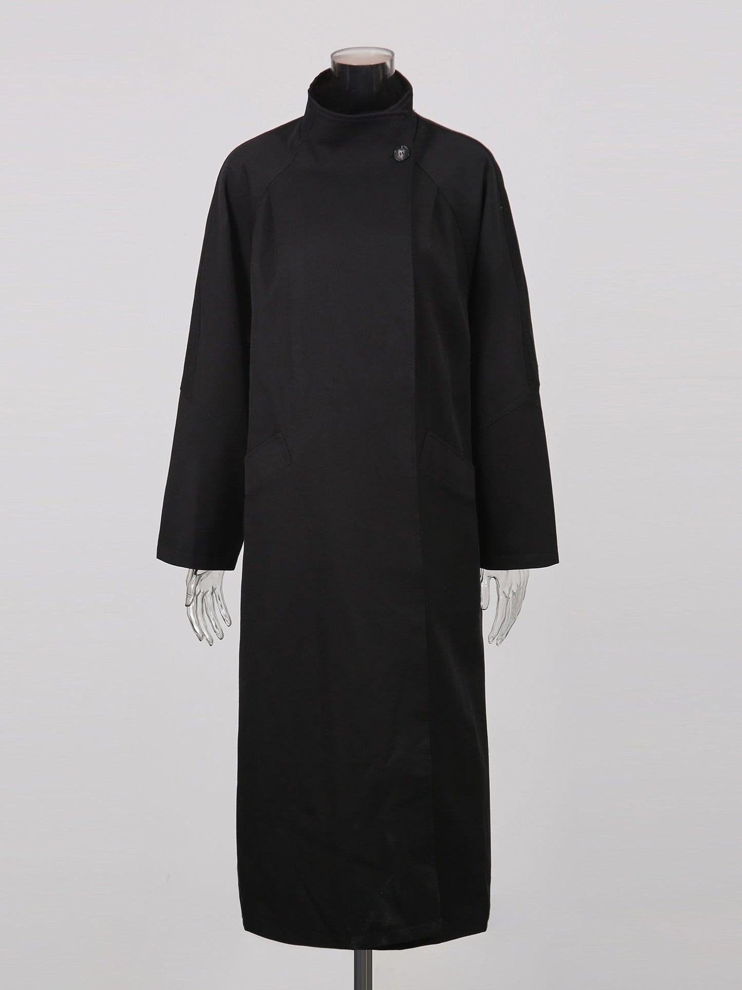 Black Asymmetric Long Coat with Stand Collar - SISPELL