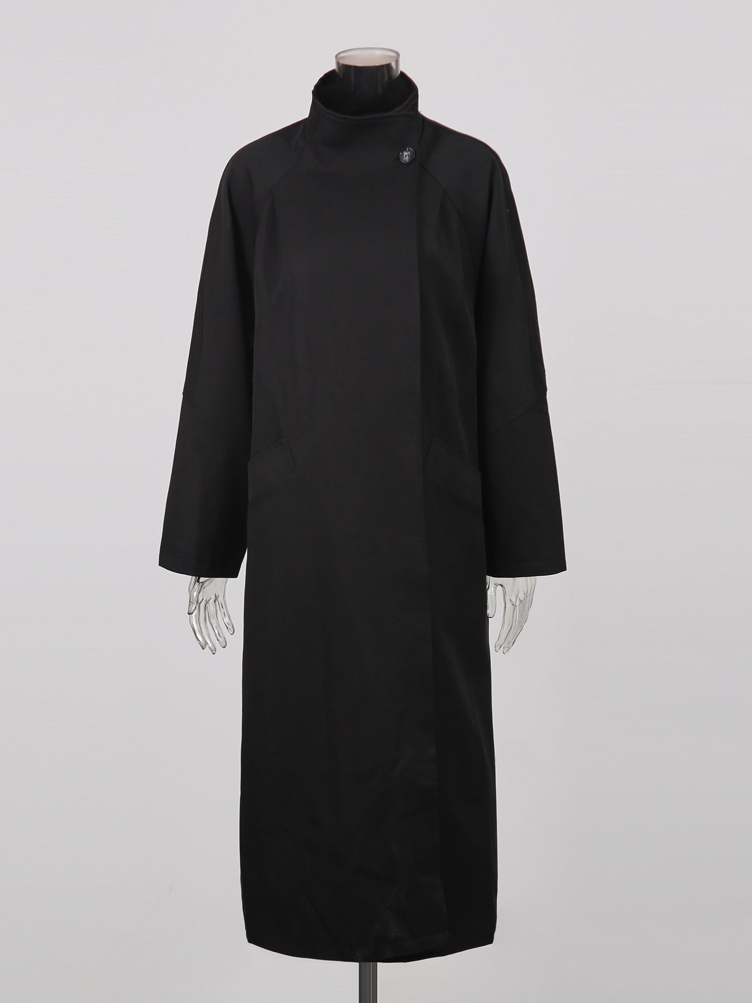 Black Asymmetric Long Coat with Stand Collar - SISPELL