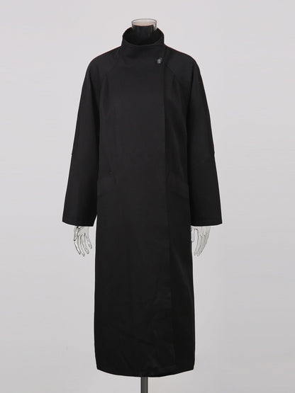Black Asymmetric Long Coat with Stand Collar - SISPELL