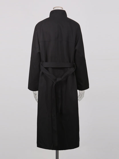 Black Asymmetric Long Coat with Stand Collar - SISPELL