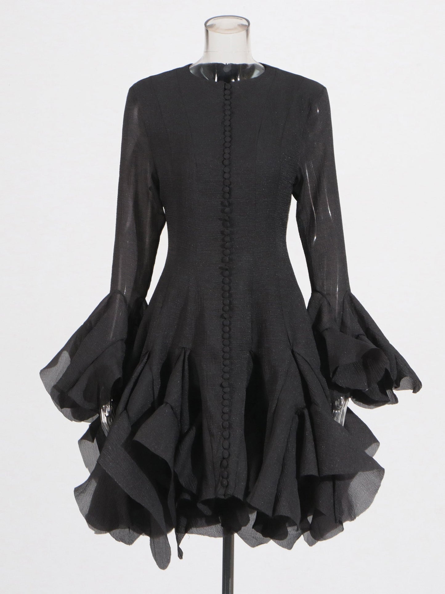 Black Bell Sleeve Ruffled Long Dress with Button Front - SISPELL