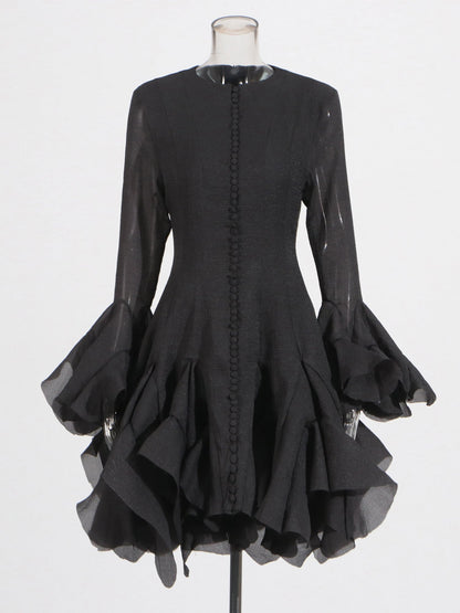 Black Bell Sleeve Ruffled Long Dress with Button Front - SISPELL