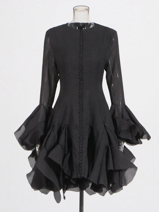 Black Bell Sleeve Ruffled Long Dress with Button Front - SISPELL