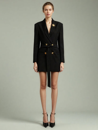 Black Blazer with Gold Button & Sun Brooch - SISPELL