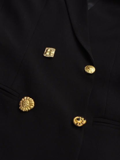 Black Blazer with Gold Button & Sun Brooch - SISPELL