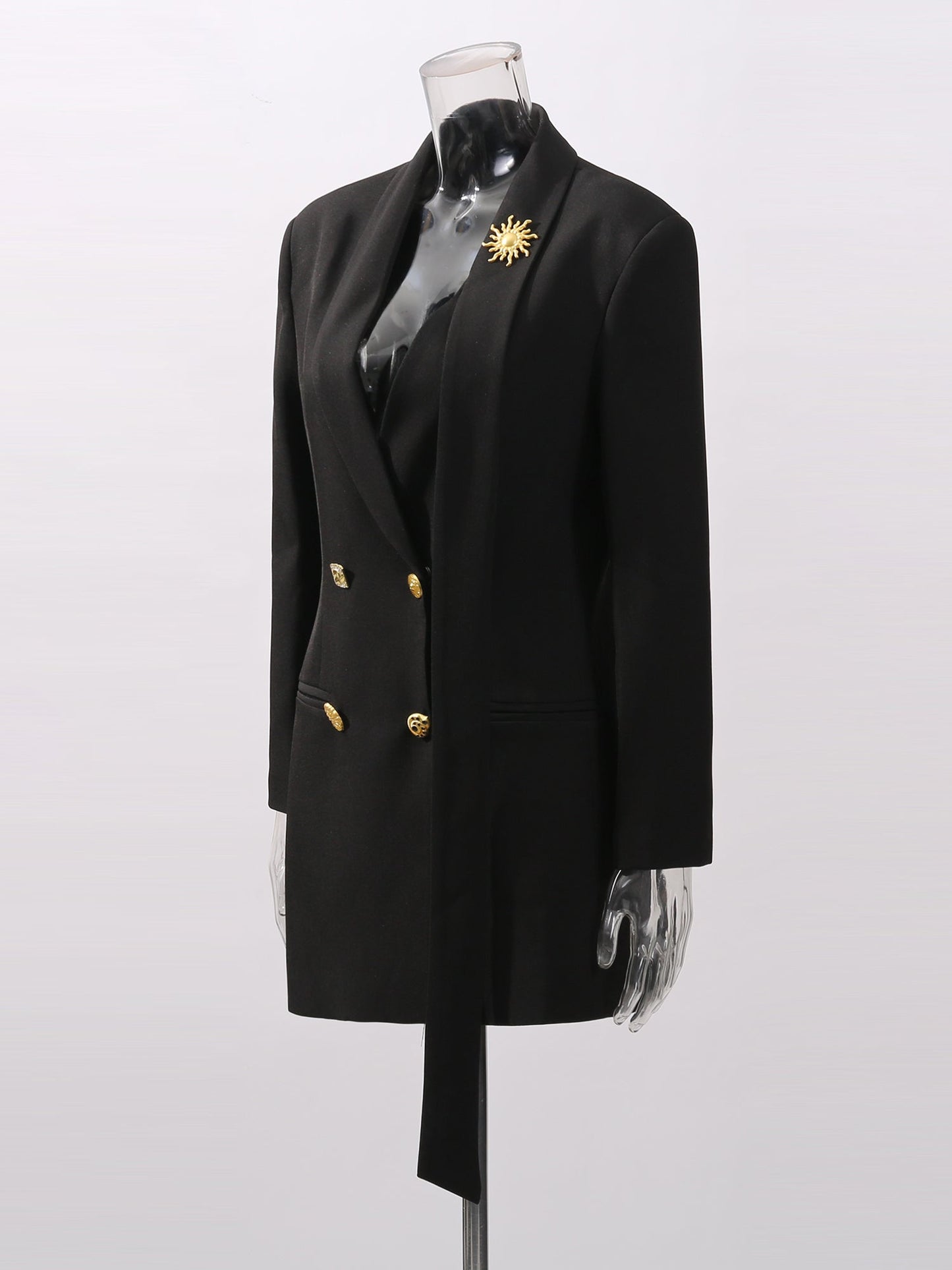 Black Blazer with Gold Button & Sun Brooch - SISPELL