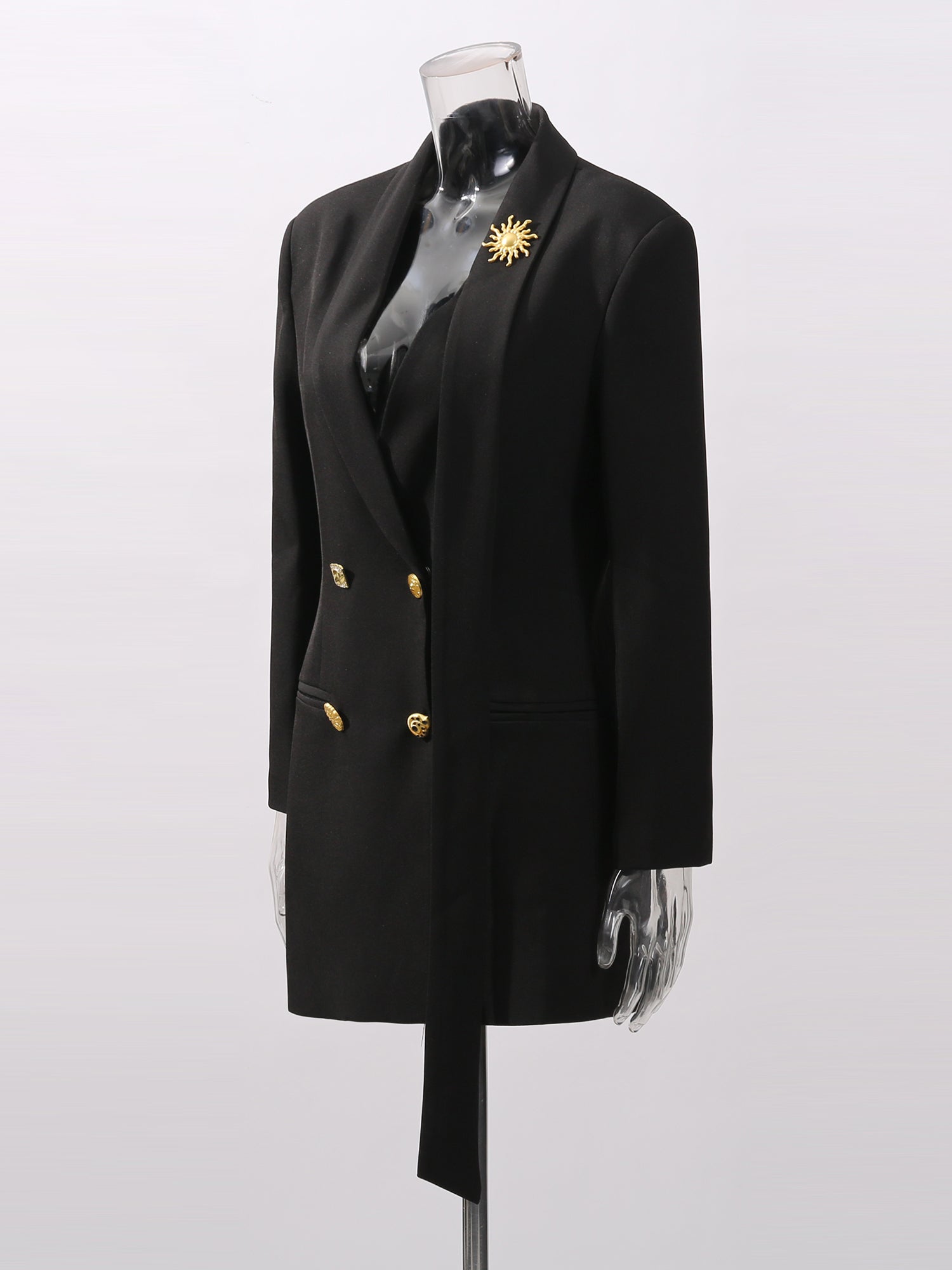 Black Blazer with Gold Button & Sun Brooch - SISPELL
