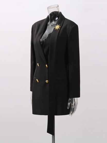 Black Blazer with Gold Button & Sun Brooch - SISPELL