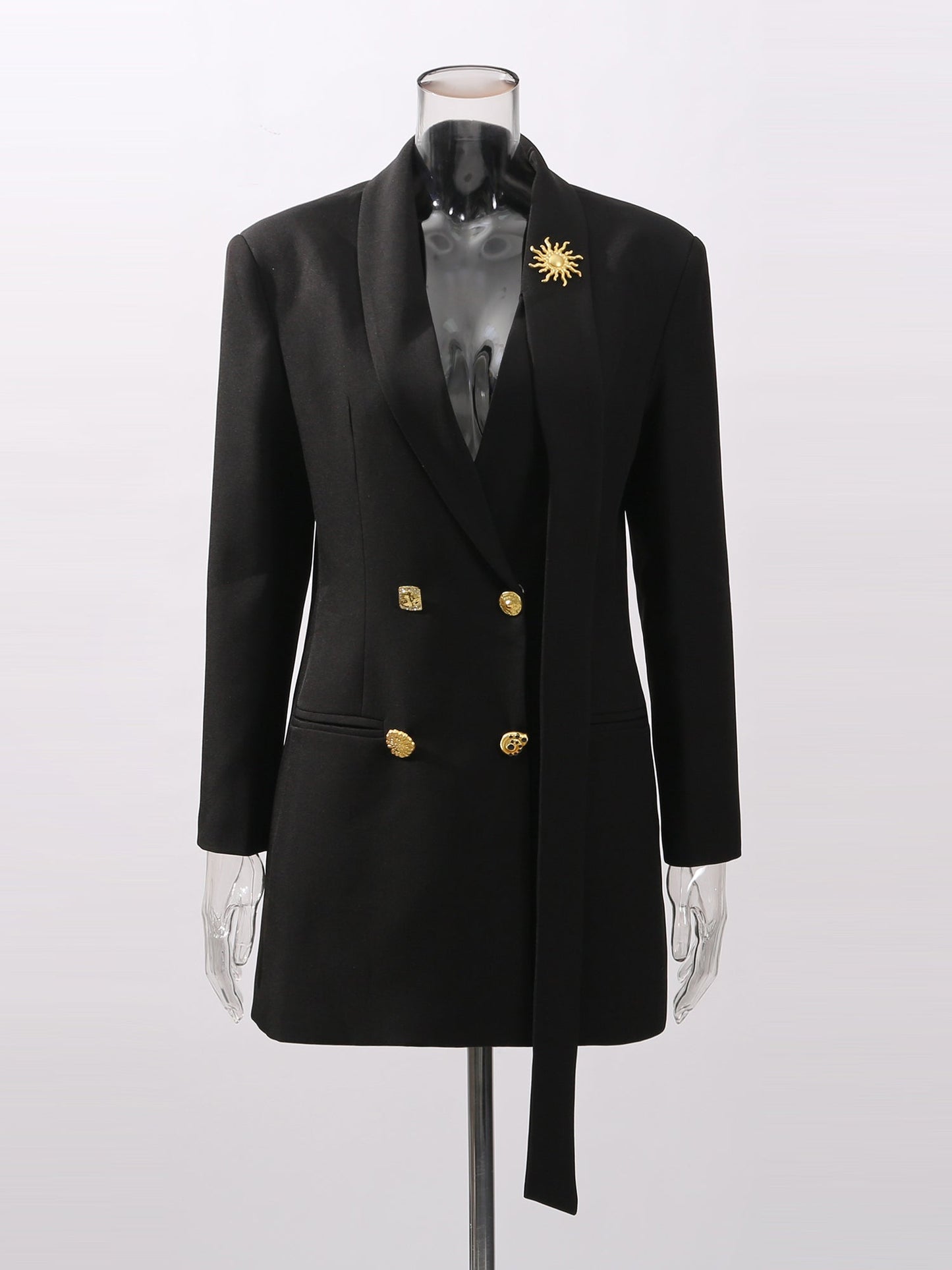Black Blazer with Gold Button & Sun Brooch - SISPELL