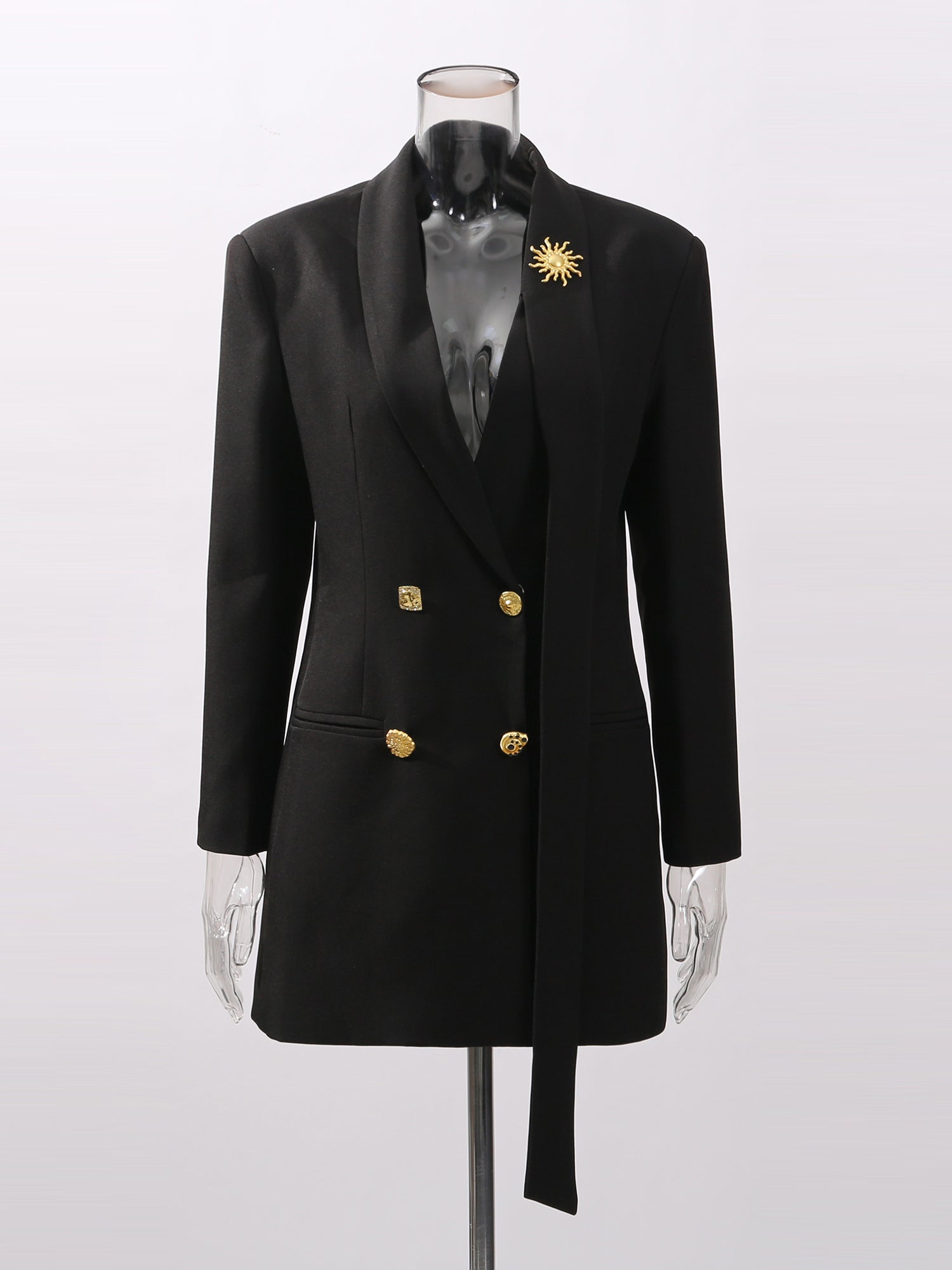 Black Blazer with Gold Button & Sun Brooch - SISPELL