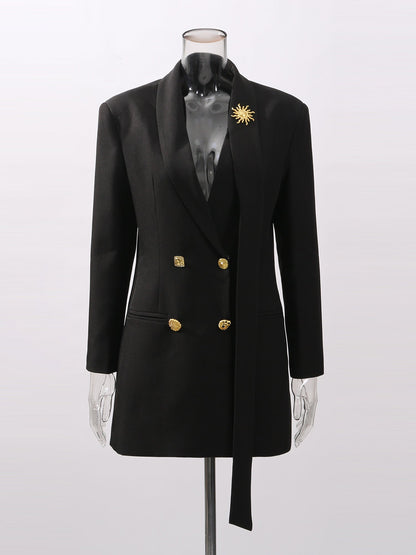 Black Blazer with Gold Button & Sun Brooch - SISPELL