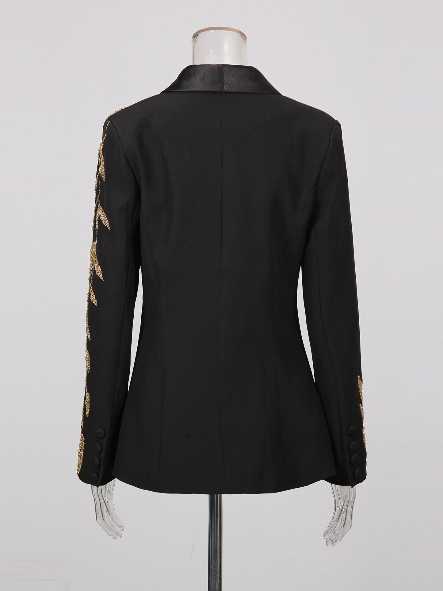 Black Blazer with Gold Leaf Embroidery & Satin Lapel - SISPELL