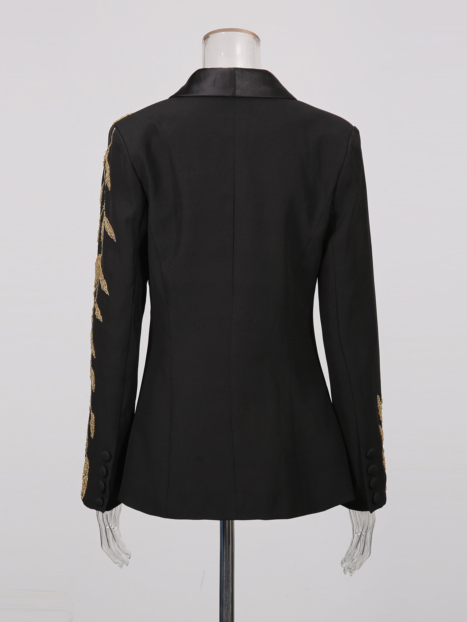 Black Blazer with Gold Leaf Embroidery & Satin Lapel - SISPELL