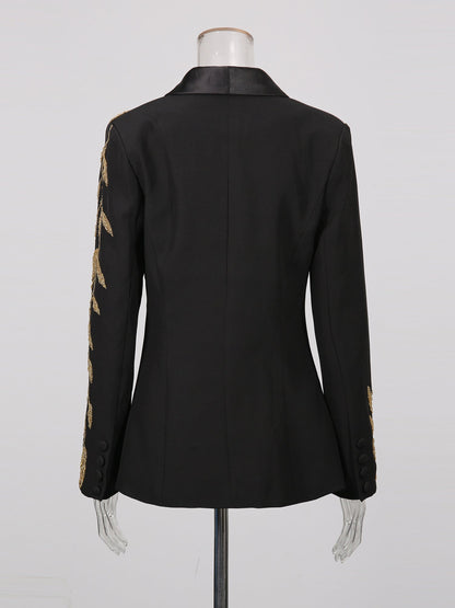 Black Blazer with Gold Leaf Embroidery & Satin Lapel - SISPELL