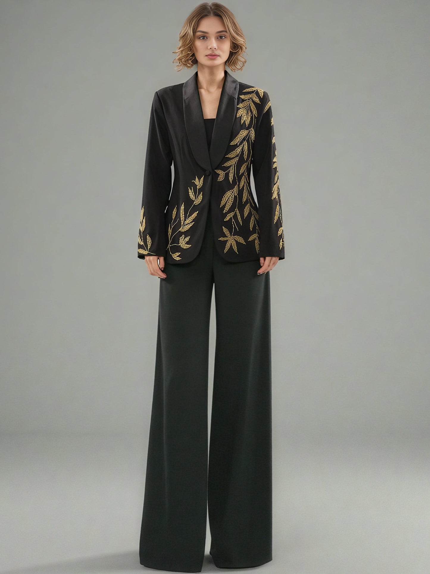 Black Blazer with Gold Leaf Embroidery & Satin Lapel - SISPELL