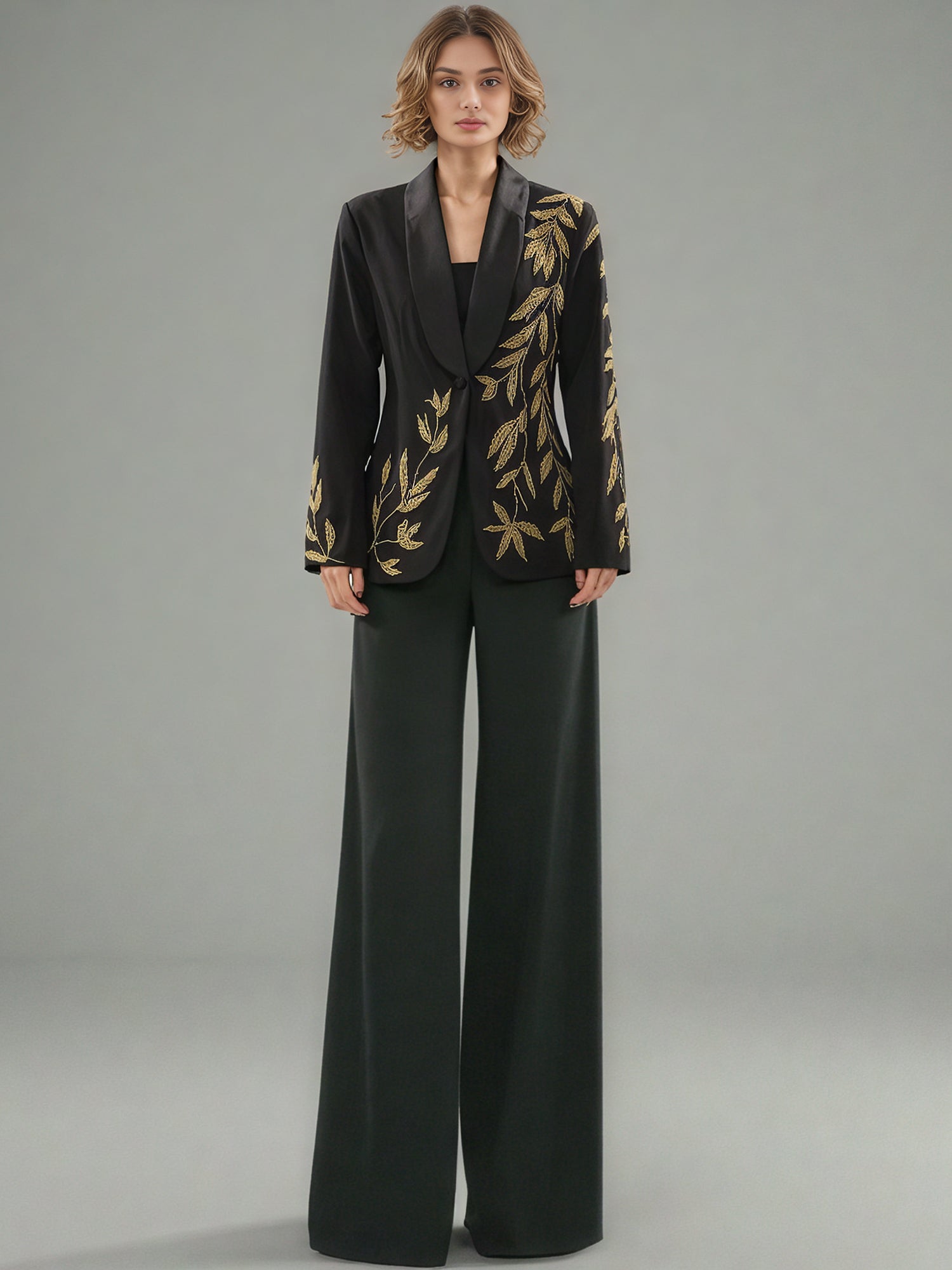 Black Blazer with Gold Leaf Embroidery & Satin Lapel - SISPELL