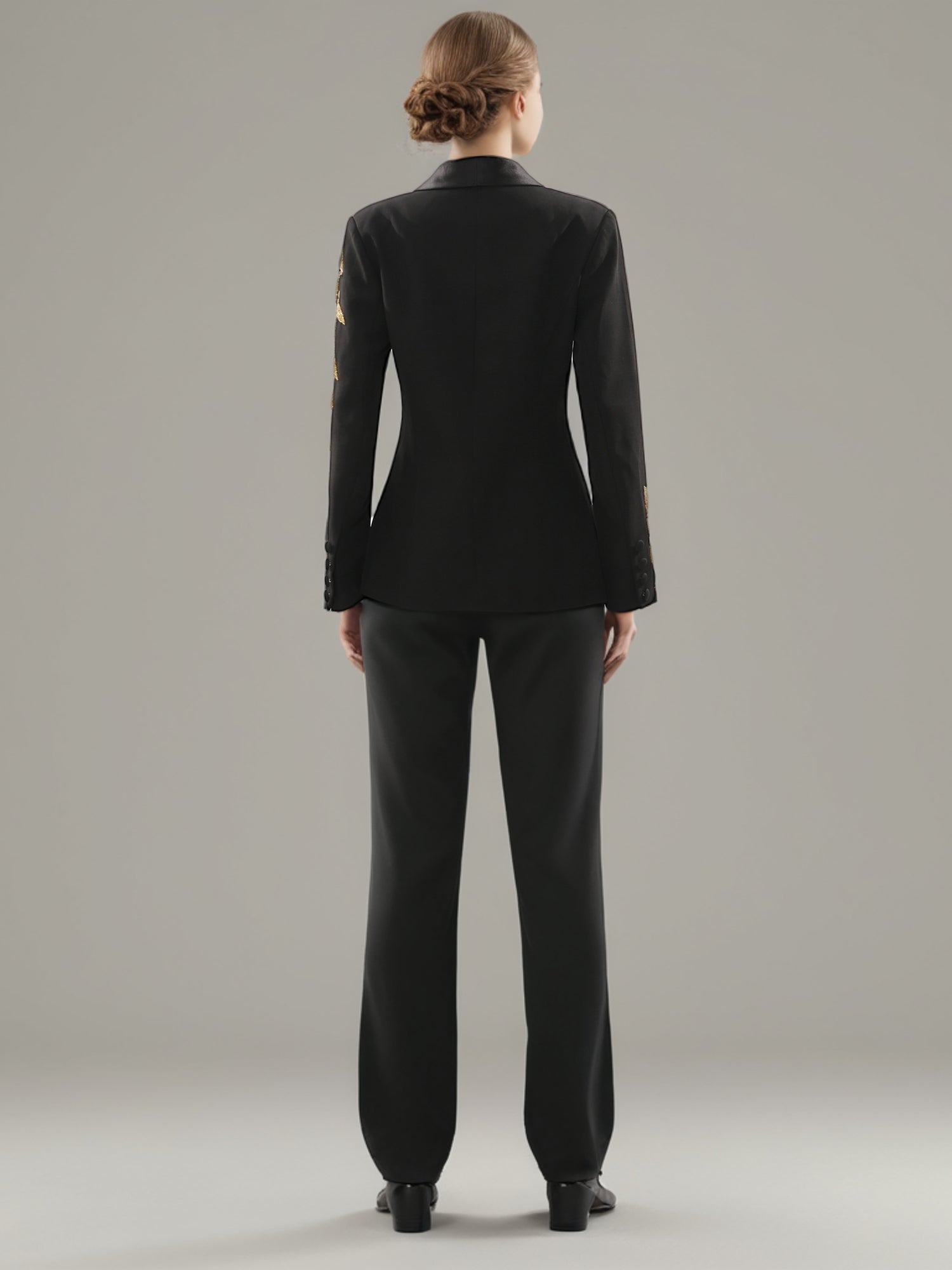Black Blazer with Gold Leaf Embroidery & Satin Lapel - SISPELL