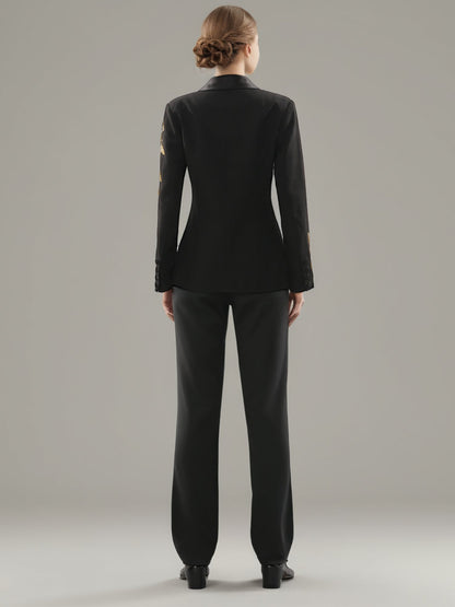 Black Blazer with Gold Leaf Embroidery & Satin Lapel - SISPELL