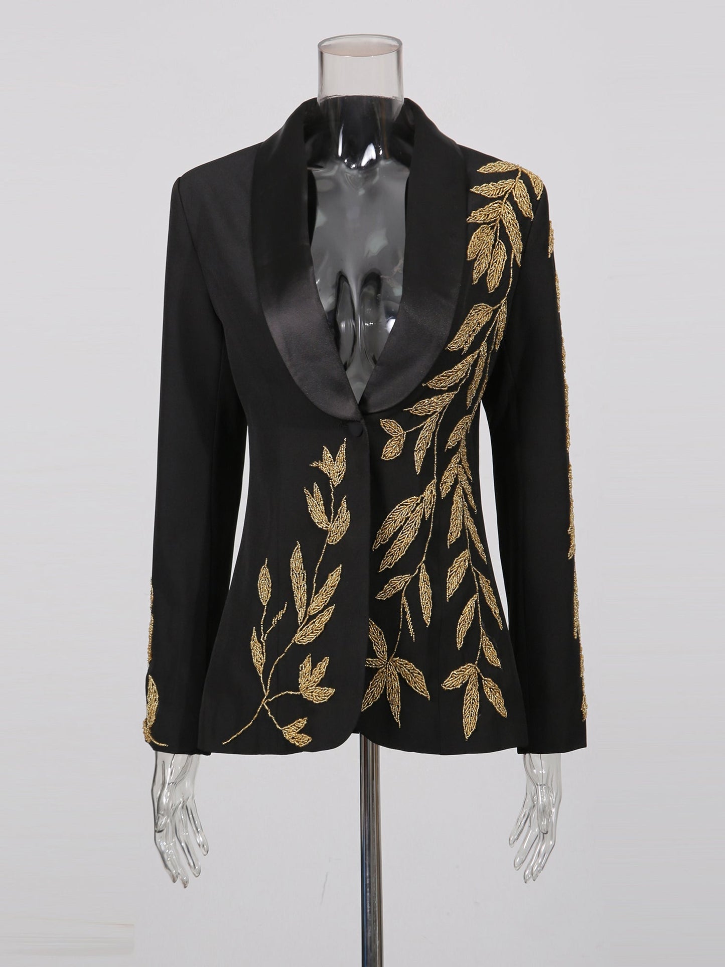 Black Blazer with Gold Leaf Embroidery & Satin Lapel - SISPELL