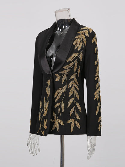 Black Blazer with Gold Leaf Embroidery & Satin Lapel - SISPELL