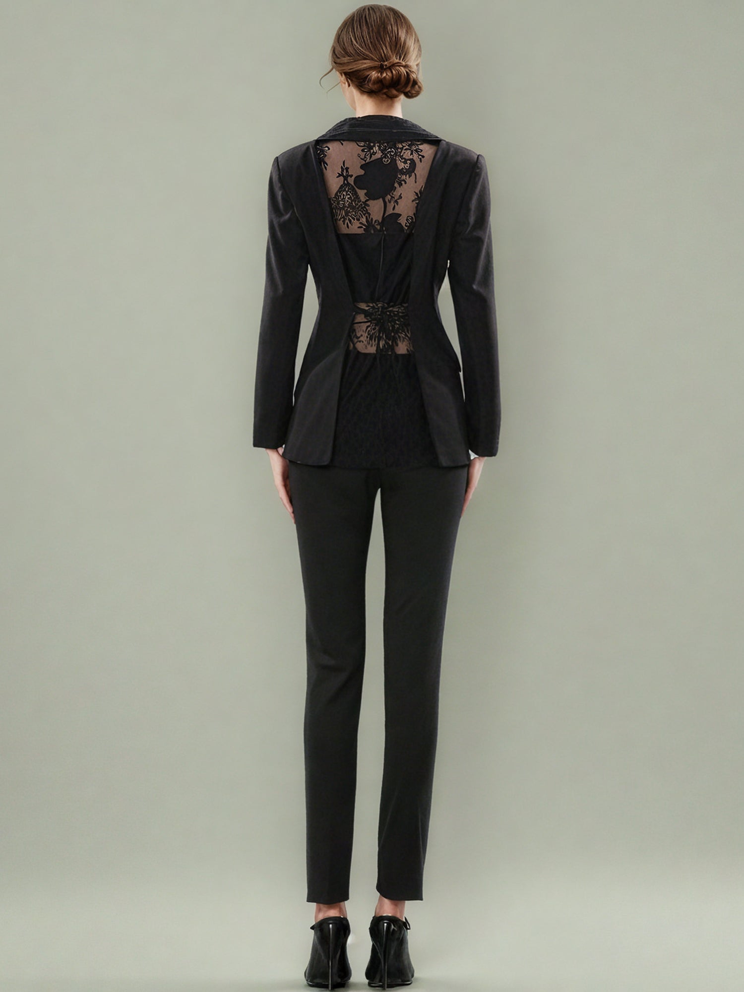 Black Blazer with Lace Collar & Back Cutout Detail - SISPELL