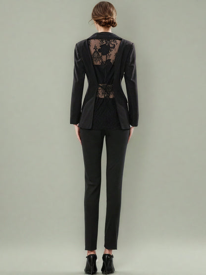Black Blazer with Lace Collar & Back Cutout Detail - SISPELL
