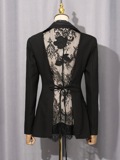 Black Blazer with Lace Collar & Back Cutout Detail - SISPELL
