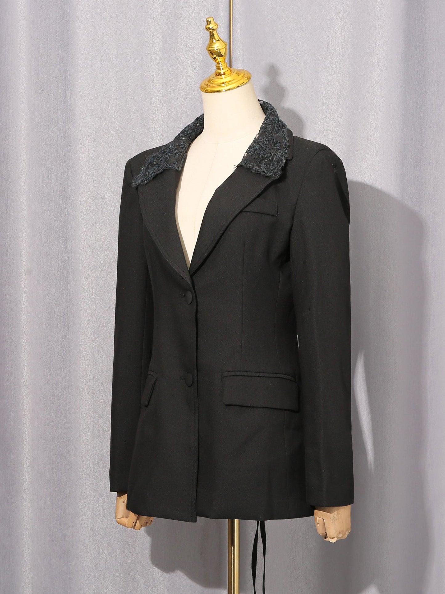 Black Blazer with Lace Collar & Back Cutout Detail - SISPELL