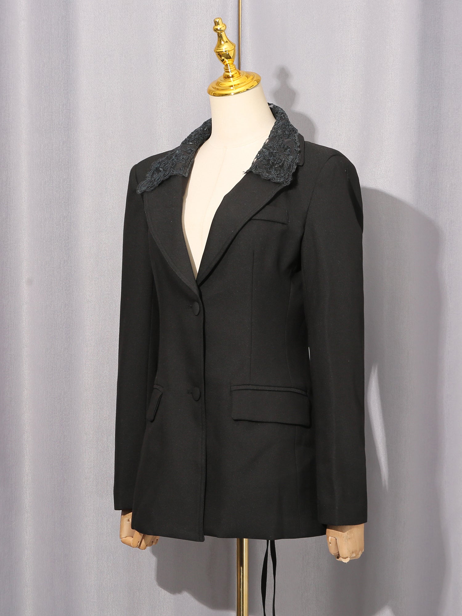 Black Blazer with Lace Collar & Back Cutout Detail - SISPELL