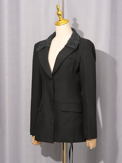 Black Blazer with Lace Collar & Back Cutout Detail - SISPELL