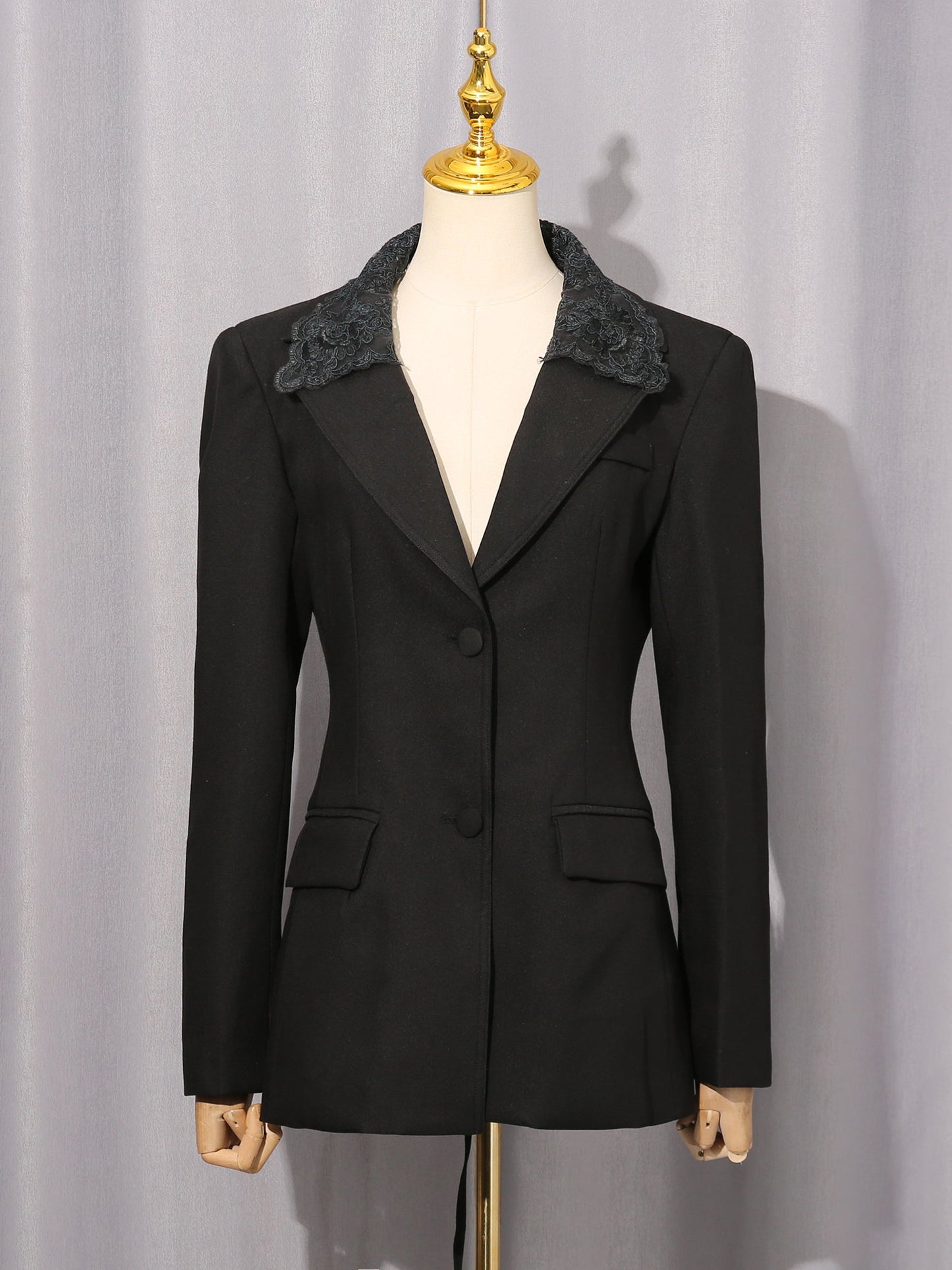 Black Blazer with Lace Collar & Back Cutout Detail - SISPELL