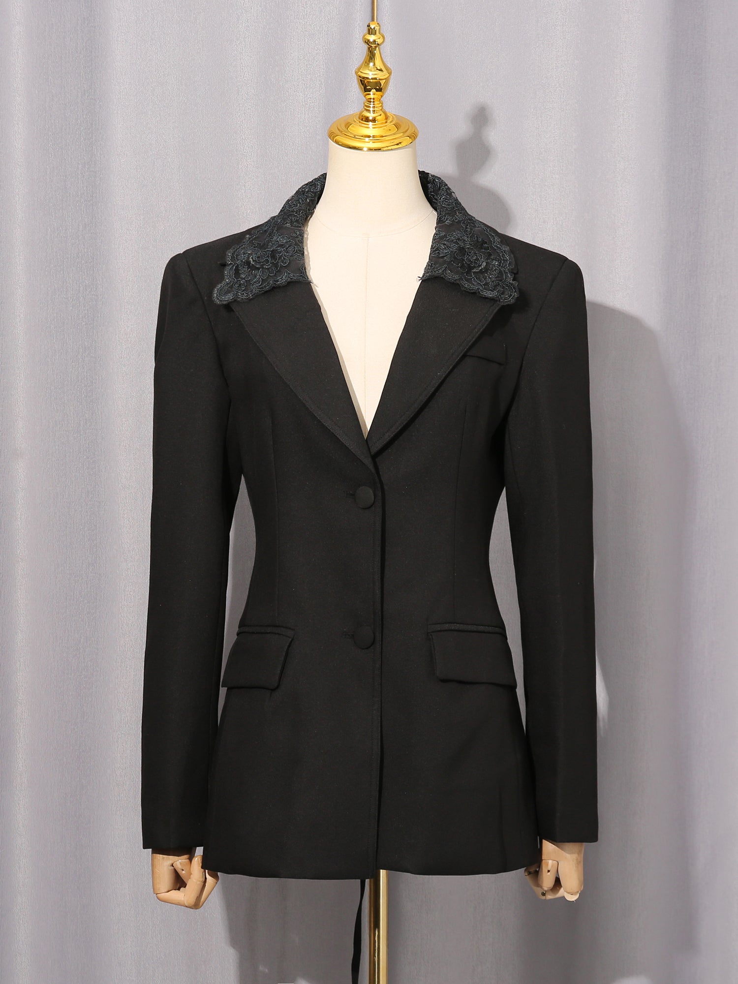 Black Blazer with Lace Collar & Back Cutout Detail - SISPELL