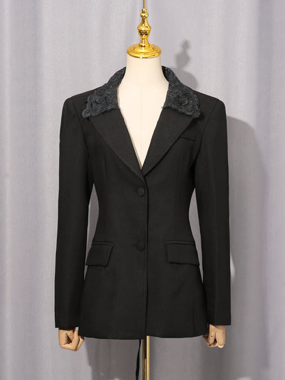 Black Blazer with Lace Collar & Back Cutout Detail - SISPELL