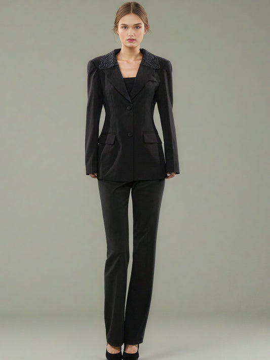 Black Blazer with Lace Collar & Back Cutout Detail - SISPELL