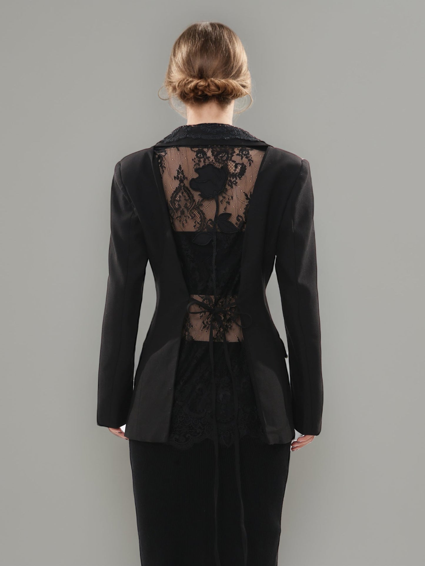 Black Blazer with Lace Collar & Back Cutout Detail - SISPELL