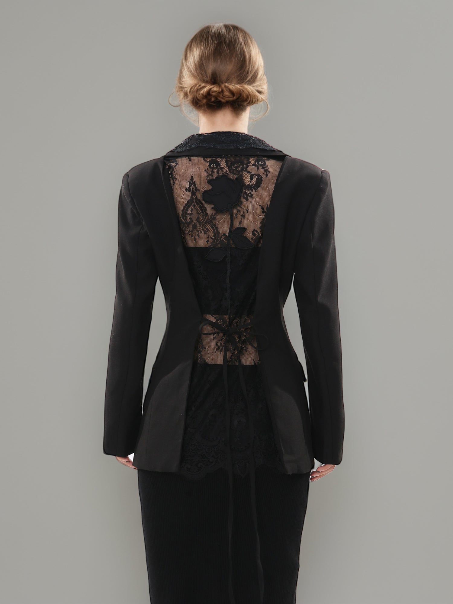 Black Blazer with Lace Collar & Back Cutout Detail - SISPELL