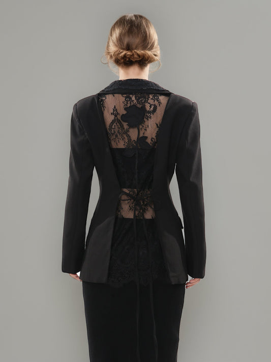 Black Blazer with Lace Collar & Back Cutout Detail - SISPELL
