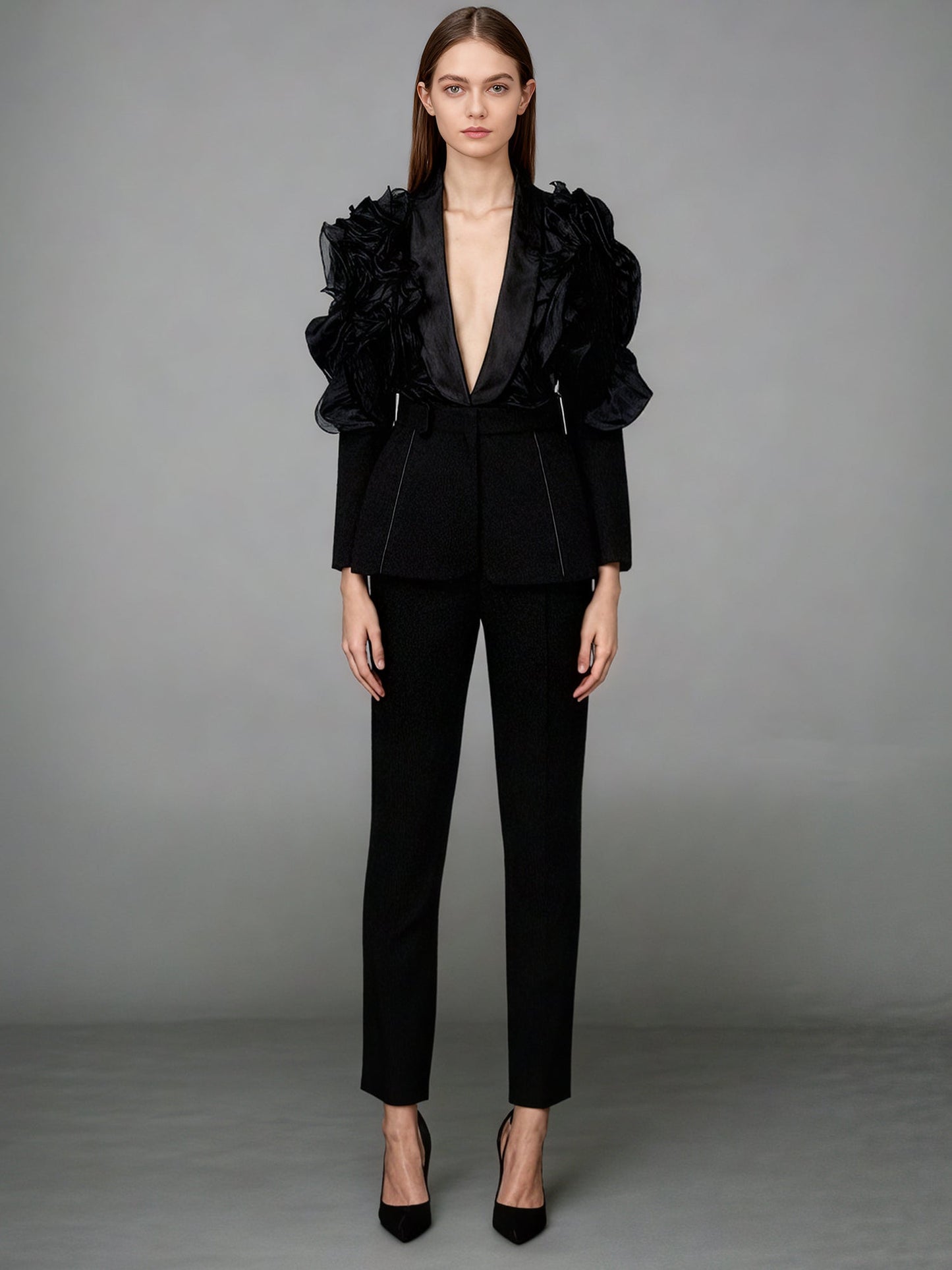 Black Blazer with Organza Ruffle Shoulder & Satin Lapel - SISPELL