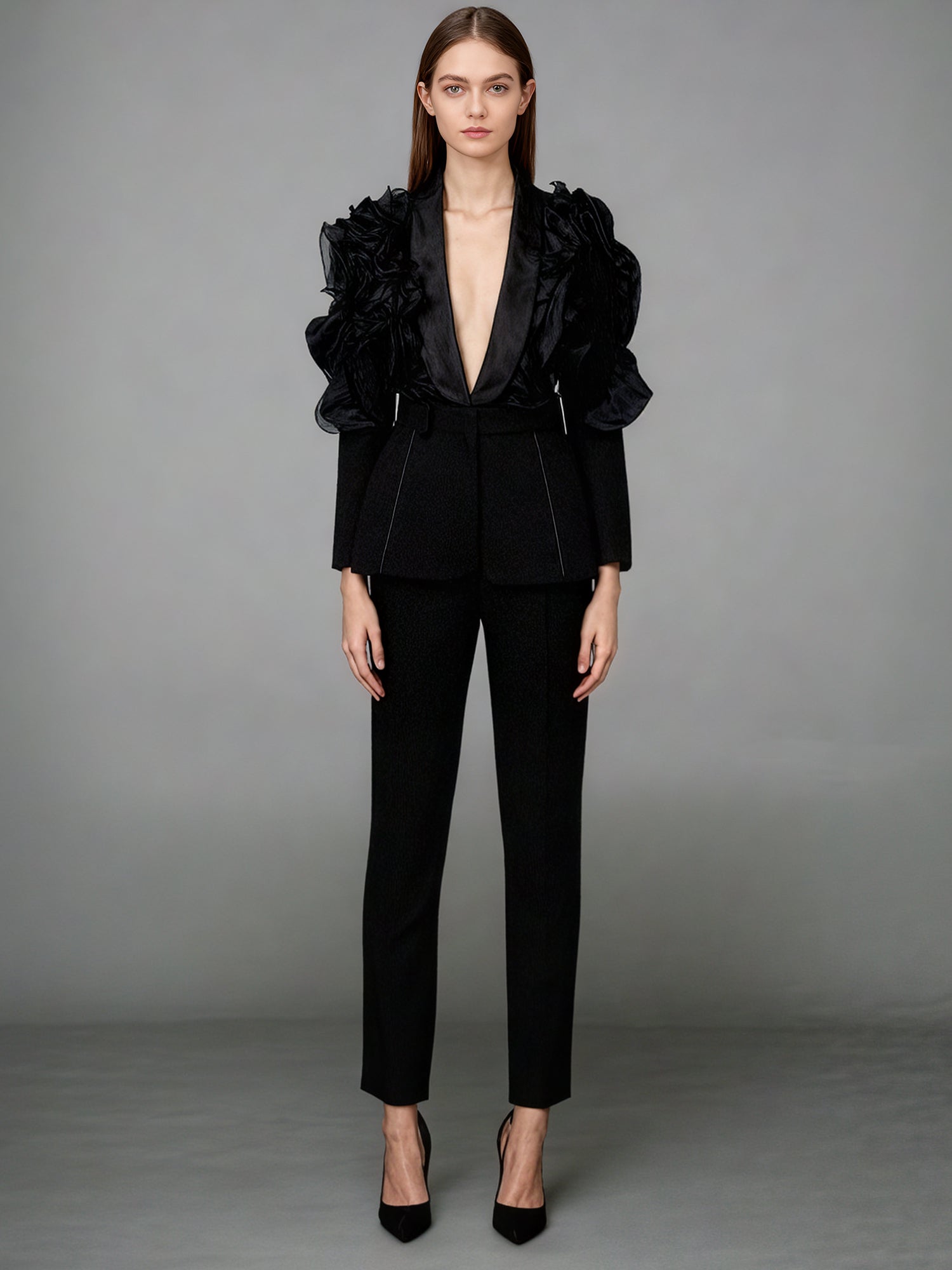 Black Blazer with Organza Ruffle Shoulder & Satin Lapel - SISPELL