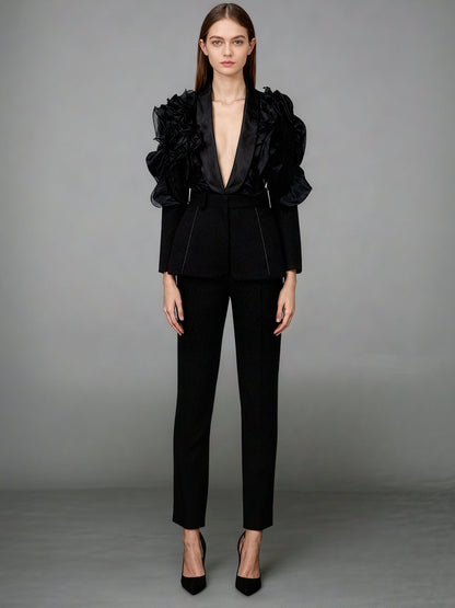 Black Blazer with Organza Ruffle Shoulder & Satin Lapel - SISPELL