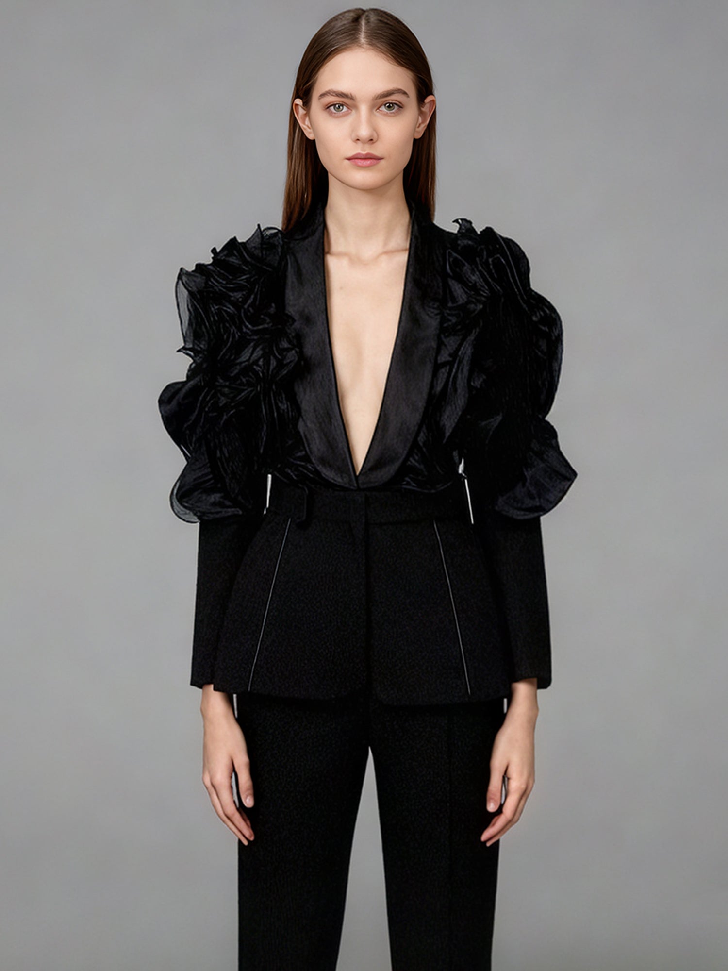 Black Blazer with Organza Ruffle Shoulder & Satin Lapel - SISPELL