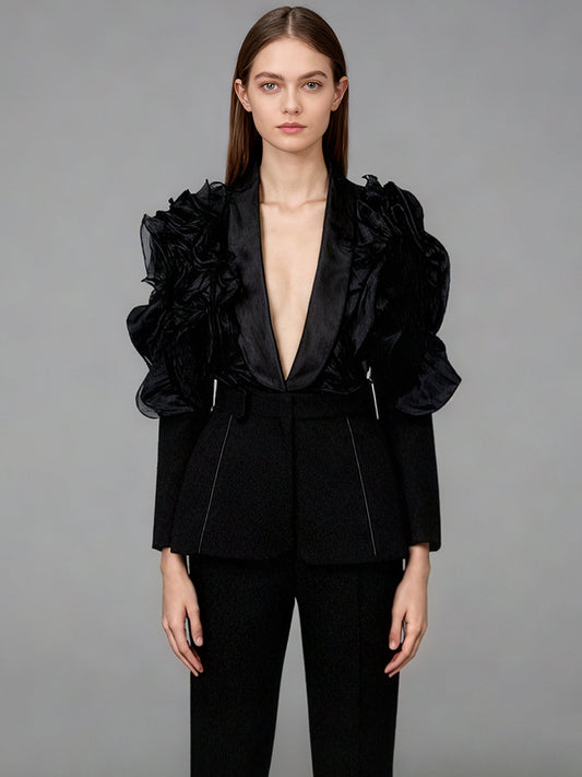 Black Blazer with Organza Ruffle Shoulder & Satin Lapel - SISPELL